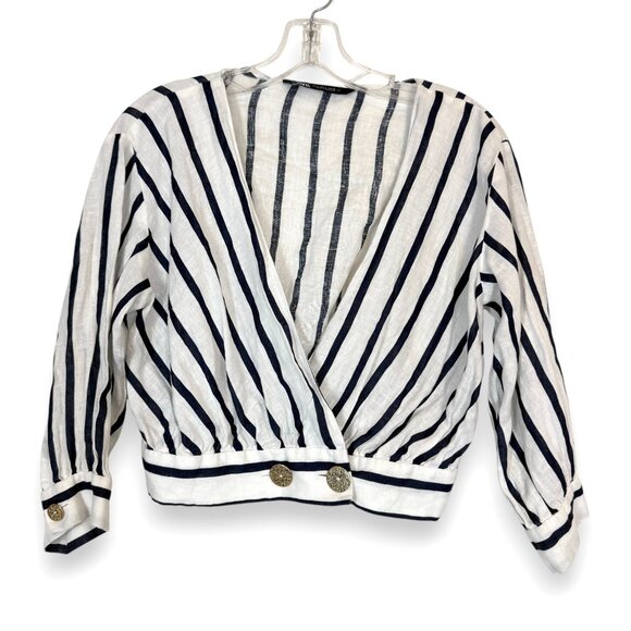 Zara Striped Linen Blend Wrap Blouse Nautical ResortWear Size Small - Picture 2 of 10